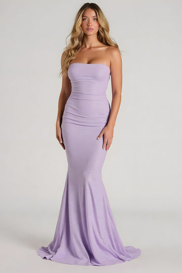 Robe longue de demoiselle d’honneur sirène sans bretelles lilas